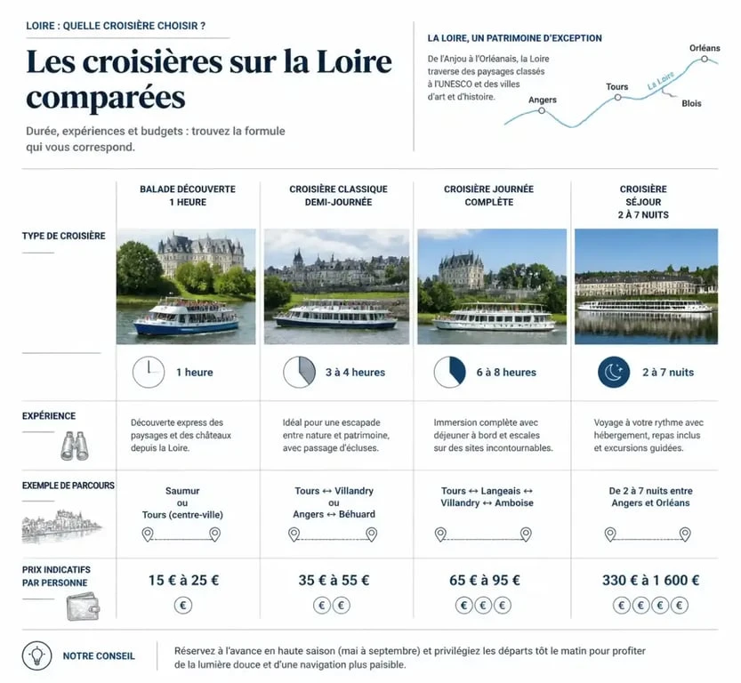 Tableau comparatif des tarifs de croisière sur la Loire selon la durée et le type de prestation