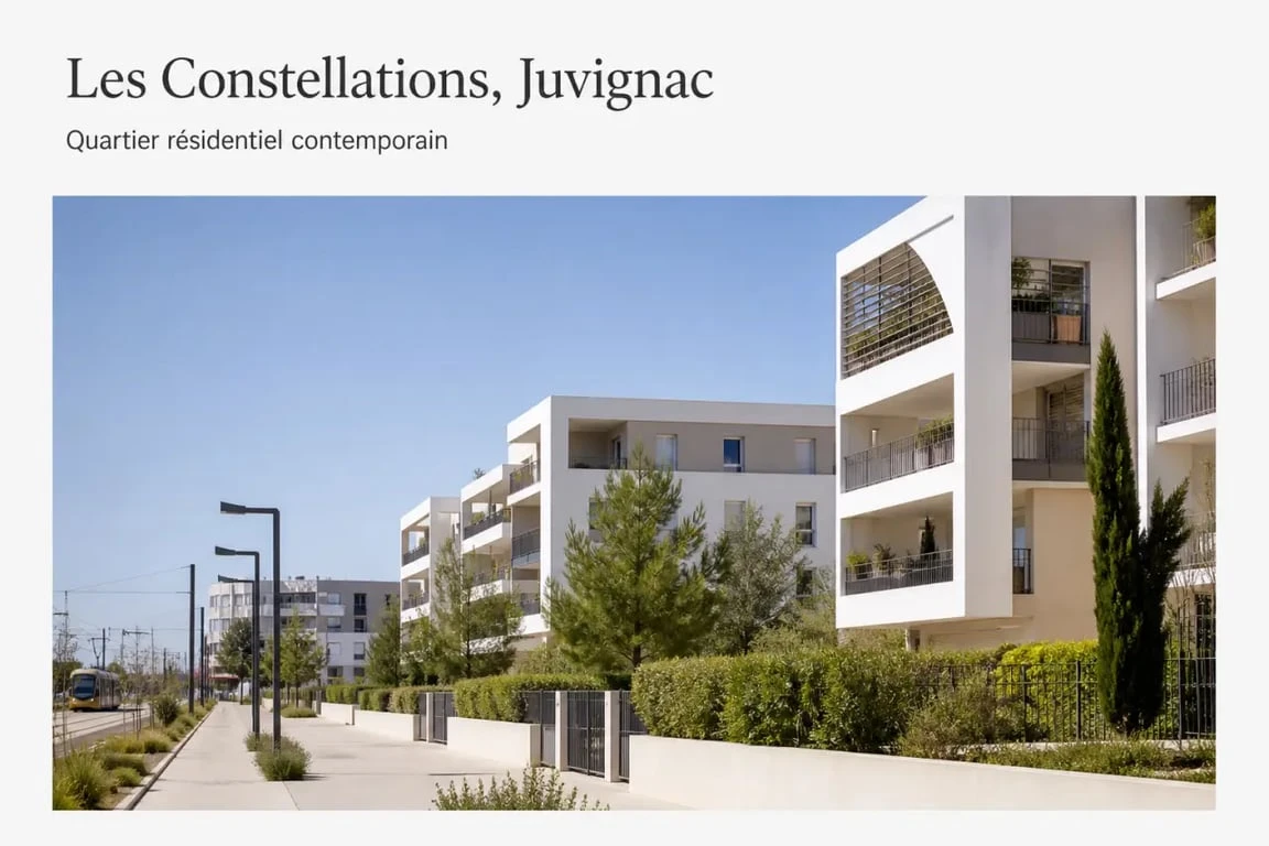 Le quartier les Constellations à Juvignac avec logements résidentiels et tramway
