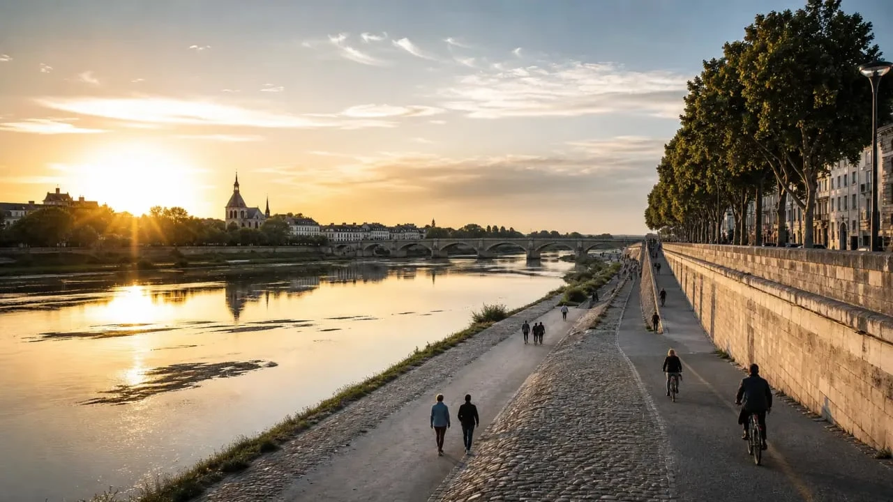 Balade bord de Loire Orléans sur les quais au coucher du soleil