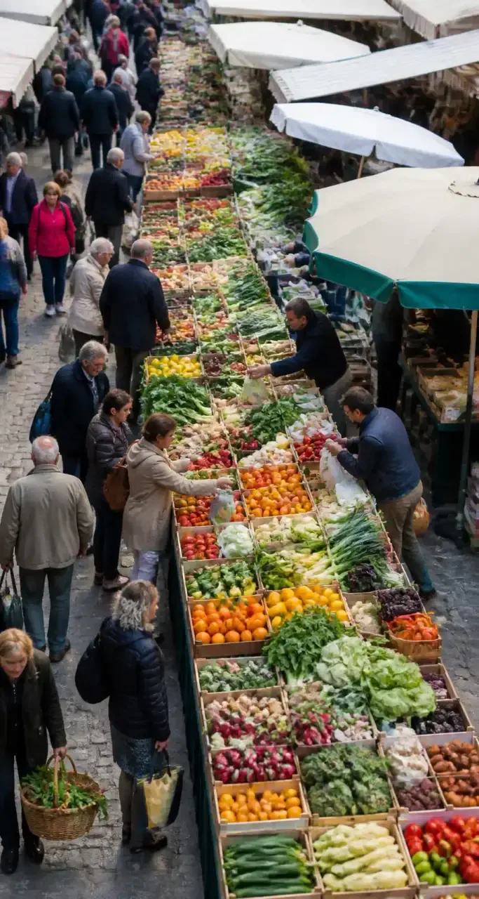 Marché hebdomadaire à Orléans, étals de fruits et légumes