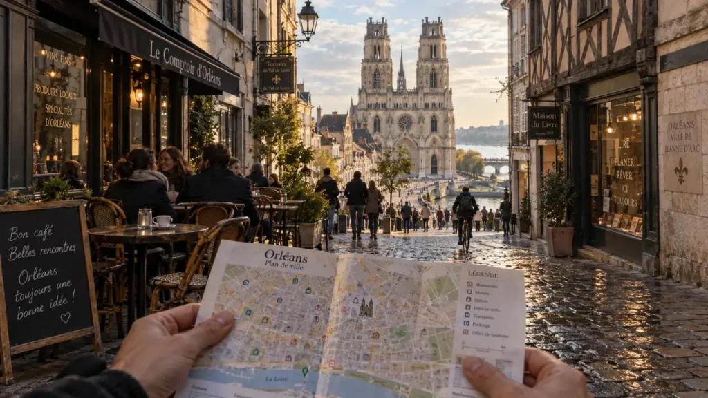 Centre Orléans : rue piétonne vers la cathédrale Sainte-Croix, Loire en arrière-plan