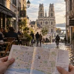 Centre Orléans : rue piétonne vers la cathédrale Sainte-Croix, Loire en arrière-plan
