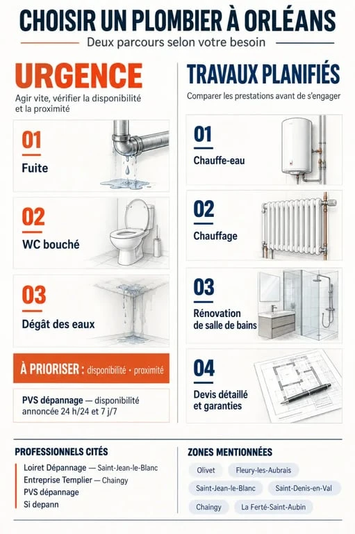 Infographie pour choisir un plombier à Orléans selon l’urgence, la zone d’intervention et les travaux