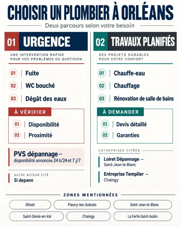 Infographie pour choisir un plombier à Orléans selon l’urgence, la zone d’intervention et les travaux