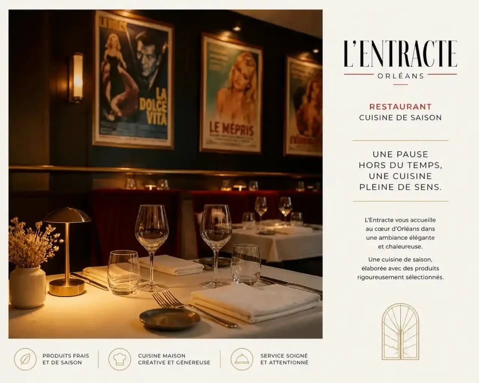 Ambiance élégante et décoration cinématographique du restaurant L'Entracte à Orléans