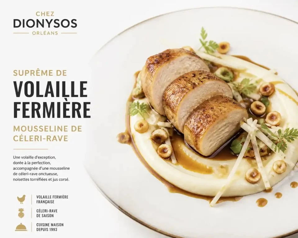 Plat signature suprême de volaille au restaurant Chez Dionysos Orléans