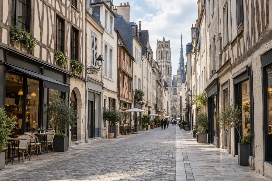 Rue de Bourgogne dans le centre d’Orléans, entre maisons anciennes et terrasses