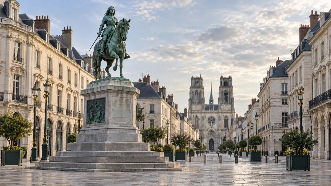Centre d’Orléans vu depuis la place du Martroi avec la cathédrale Sainte-Croix