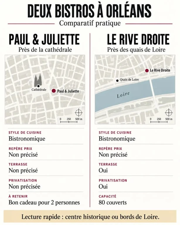 Infographie comparative de deux restaurants bistronomiques à Orléans, Paul & Juliette et Le Rive Droite