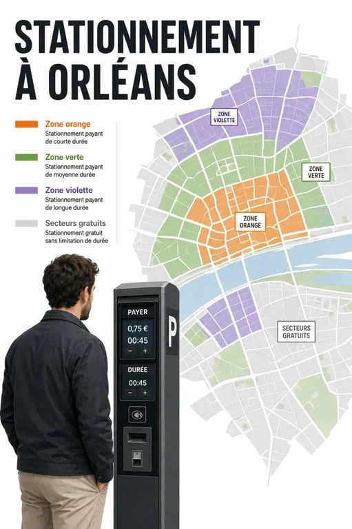 parking gratuit orléans : zones de stationnement, horodateur et repères de durée