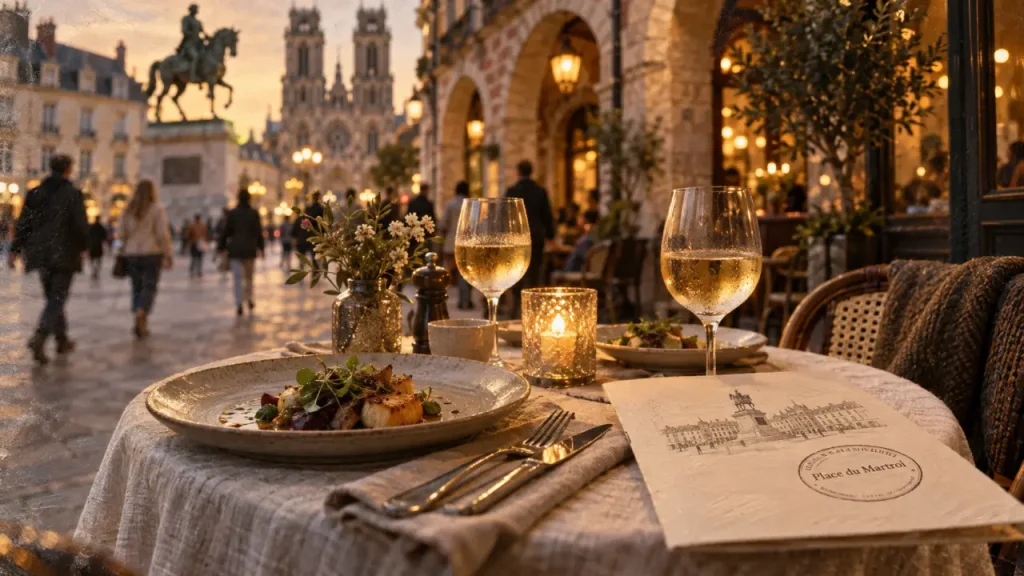 Place du Martroi Orléans restaurant terrasse face à un bâtiment historique