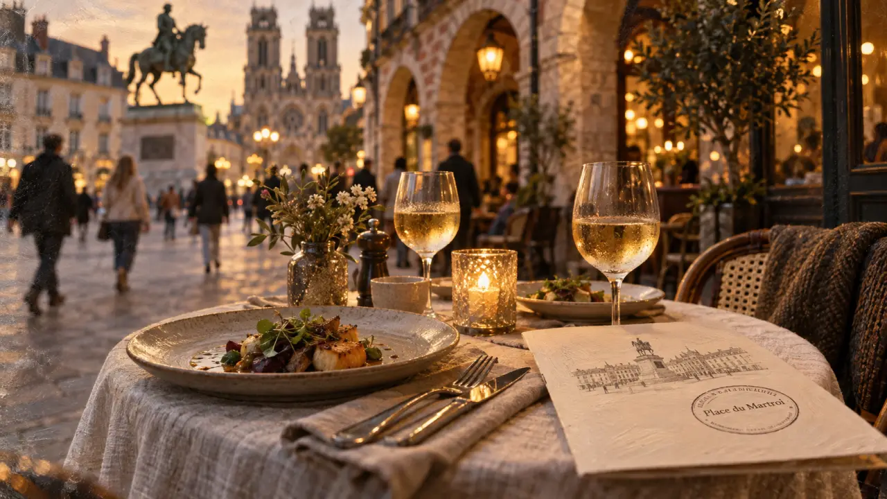 Place du Martroi Orléans restaurant terrasse face à un bâtiment historique