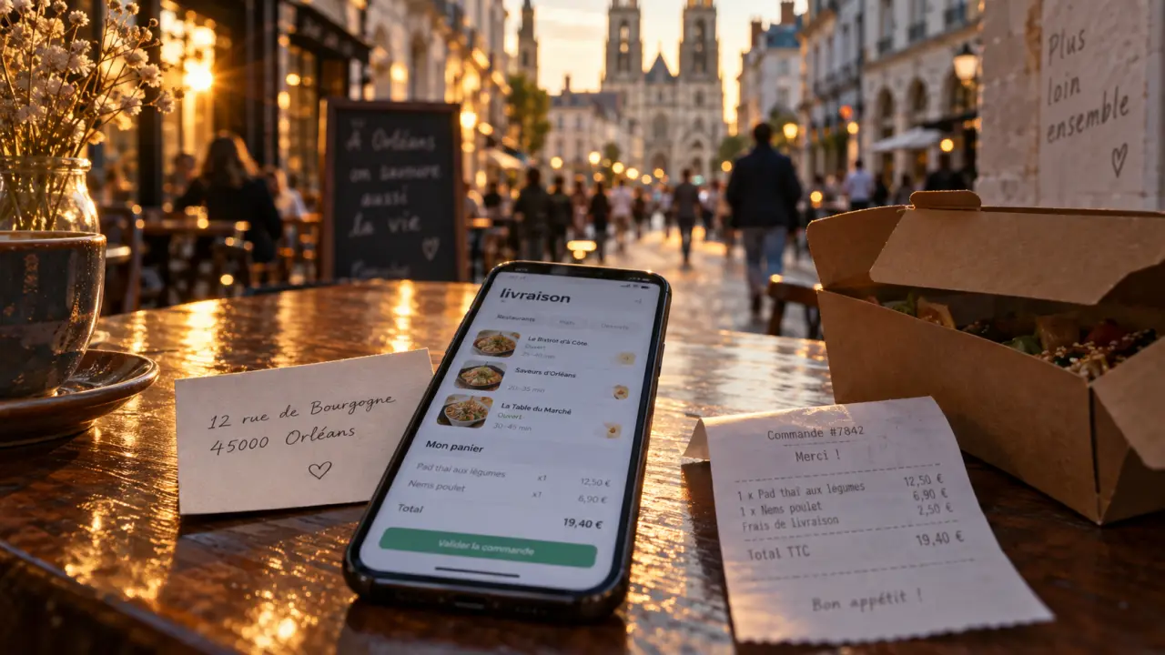 Livraison orléans restaurant : smartphone avec liste de restaurants et panier